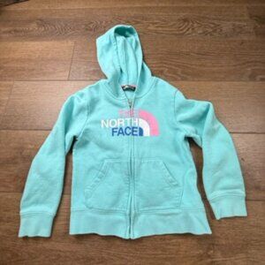 The North Face Girls Hooded Zip-Front Sweatshirt, Aqua, Logo, XS (6), Fall